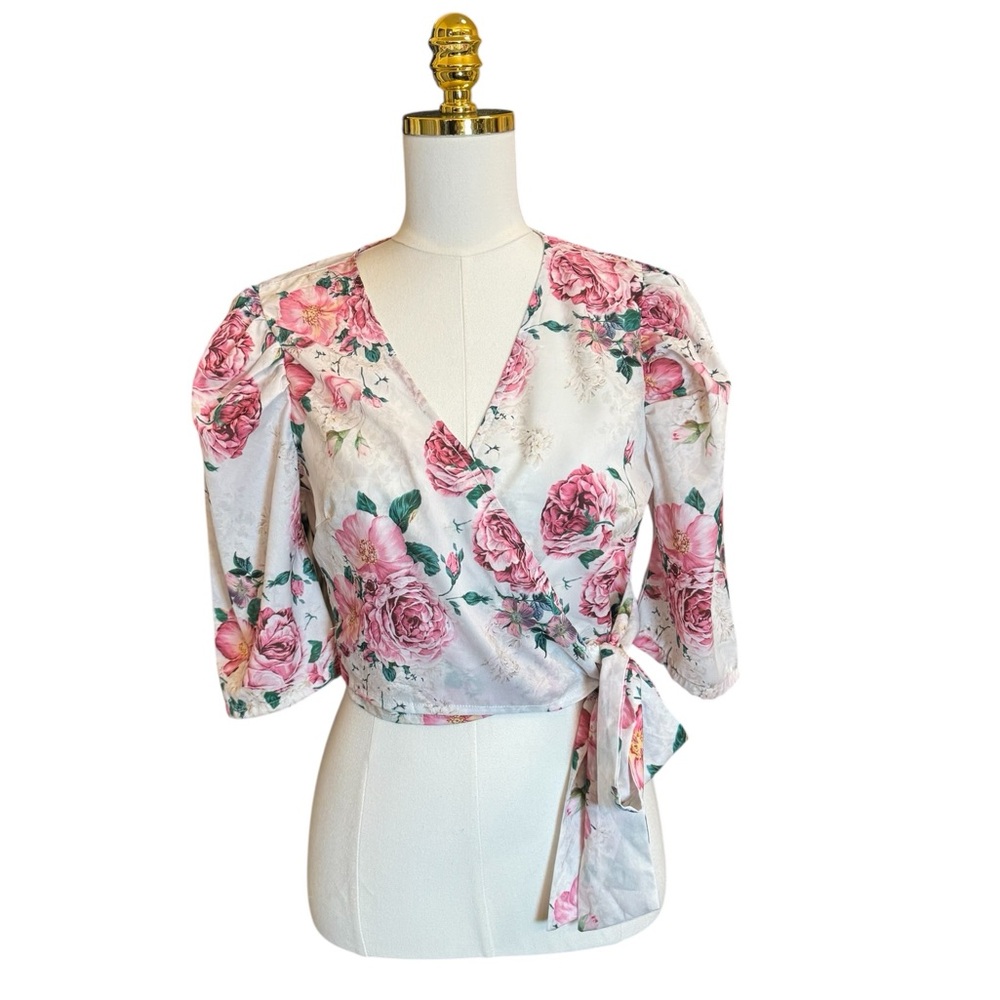 PrettyLittleThing Floral Wrap Top US 8 Pink Rose Tie Waist Crop Blouse